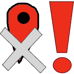 A red location pin with a gray X over it and a red exclamation point to the right.